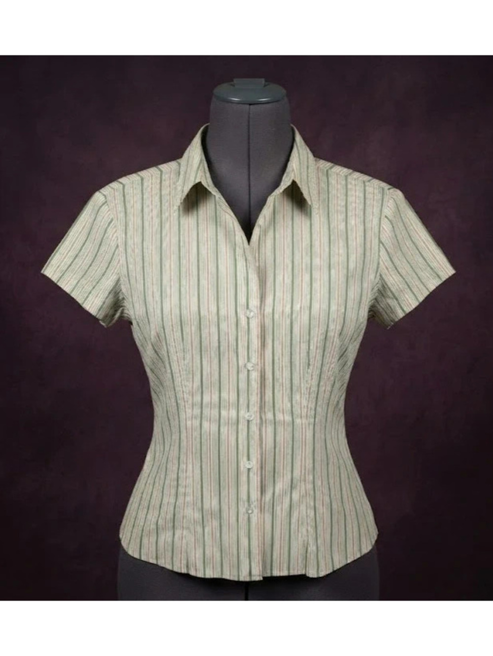 Title: Y2K DCC Missy Green Striped Short Sleeve Stretch Button Down Shirt Large